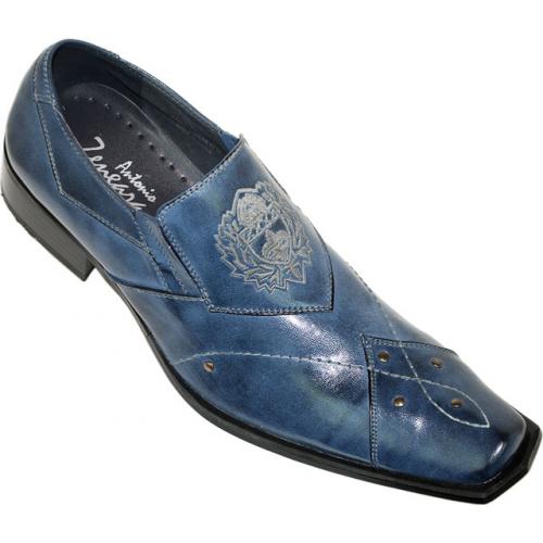 Antonio Zengara Denim Blue Embroidered Hexagonal Toe Leather Shoes A401053